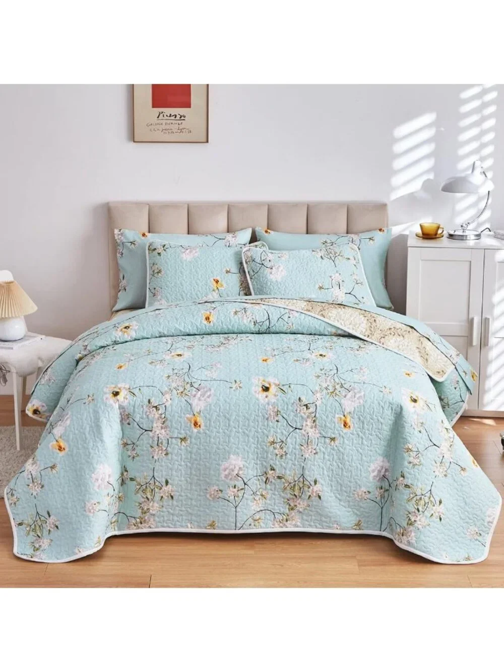 Reversible Floral Quilt Set - Aqua Microfiber Bedspread, Lightweight All-Season